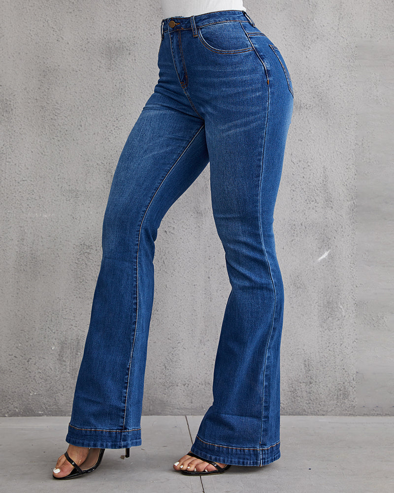 Damen-Hose mit ausgestelltem Bein und hoher Taille, aus Denim mit Knopfleiste und Stretch