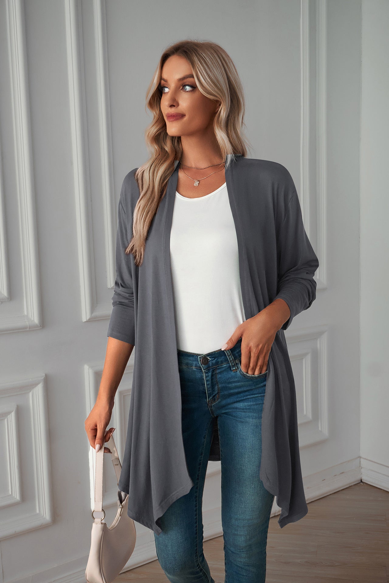 Damen Langarm Strickjacke Einfarbig Mantel Langes Oberteil