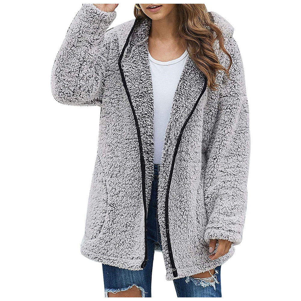 Solid Color Lapel Collar Hooded Long Sleeve Plush Sweater