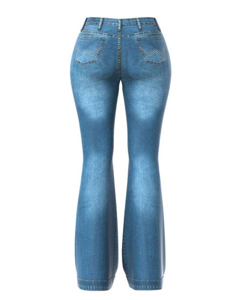 Ladies Flared High Waist Denim Button Stretch Trousers