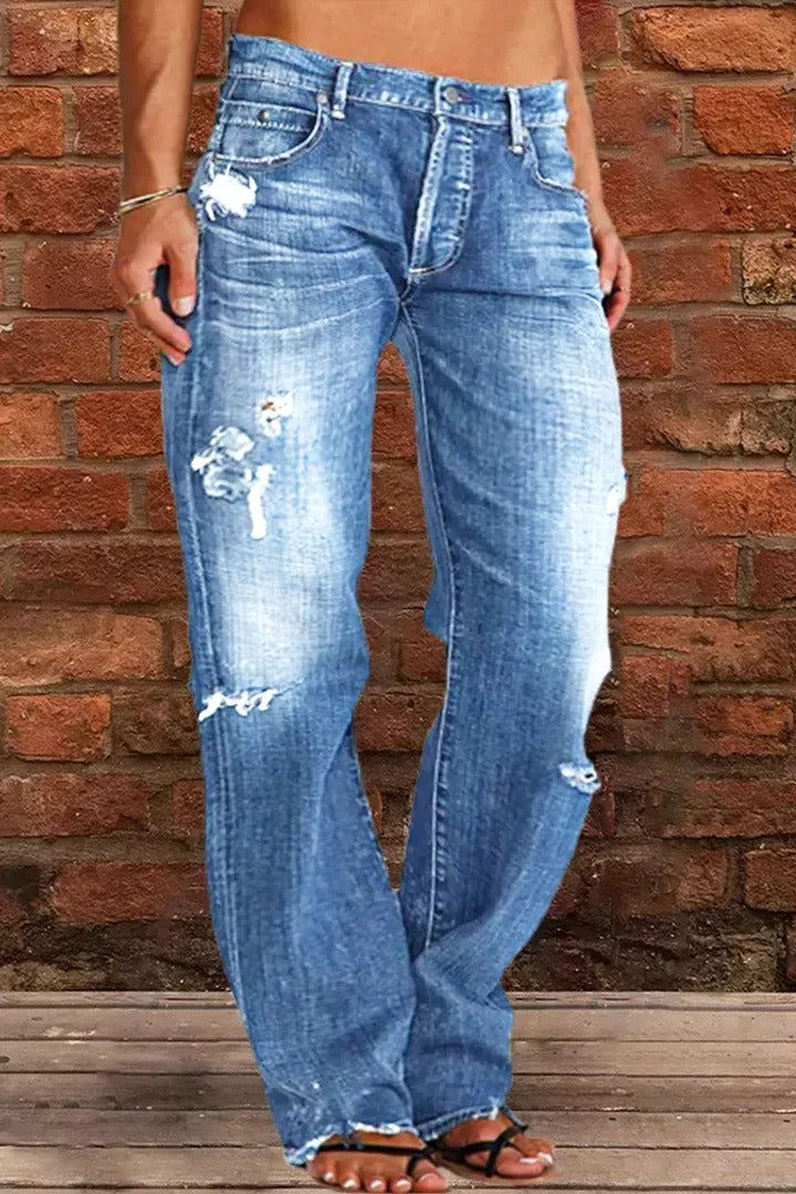 Nuevo estilo de jeans de tiro bajo con pierna recta y rotos (compre 2 y envío gratis)