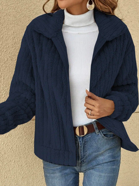 Short Jacket Lapel Zipper Winter Coat Warm Plush Fleece Zipper Casual Coat Top