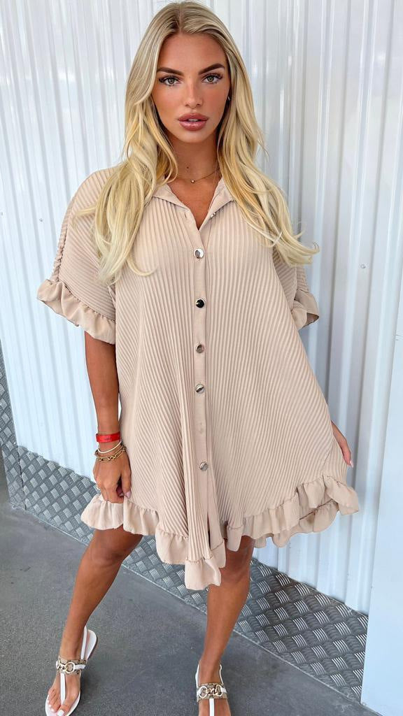 Vestido camisero irregular con mangas con volantes