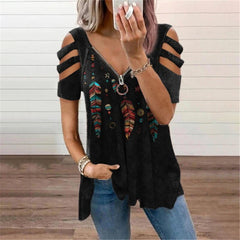 V Neck Zipper Print Short Sleeve Loose T-Shirts