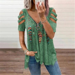 V Neck Zipper Print Short Sleeve Loose T-Shirts