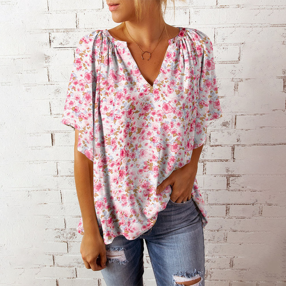 V-neck printed short-sleeved top T-shirt