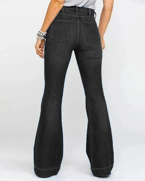 Damen-Hose mit ausgestelltem Bein und hoher Taille, aus Denim mit Knopfleiste und Stretch