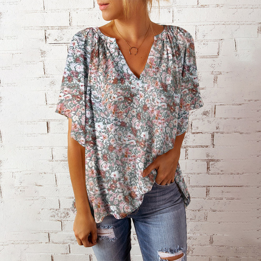 V-neck printed short-sleeved top T-shirt