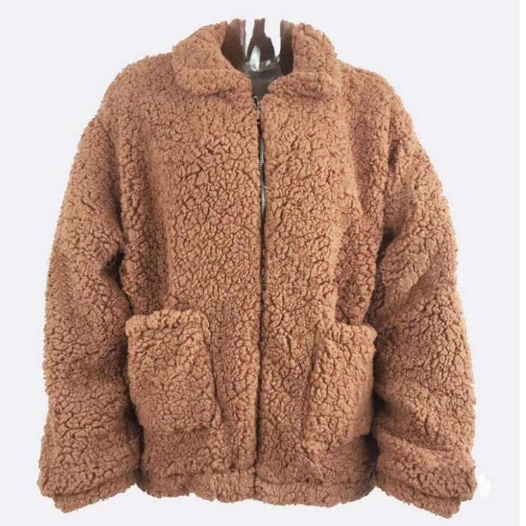 Warme Strickjacke Winter Lose Sherpa Fleece Revers Reißverschluss Jacke