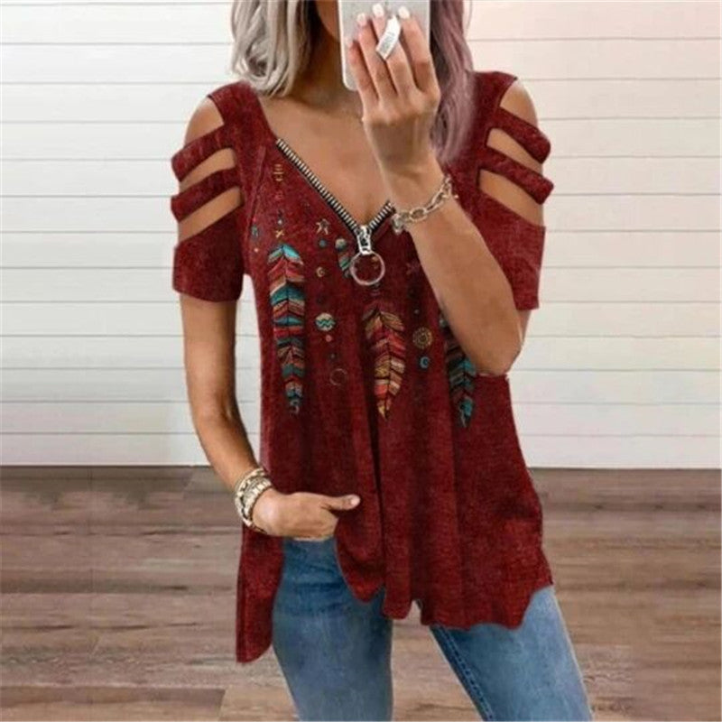 V Neck Zipper Print Short Sleeve Loose T-Shirts