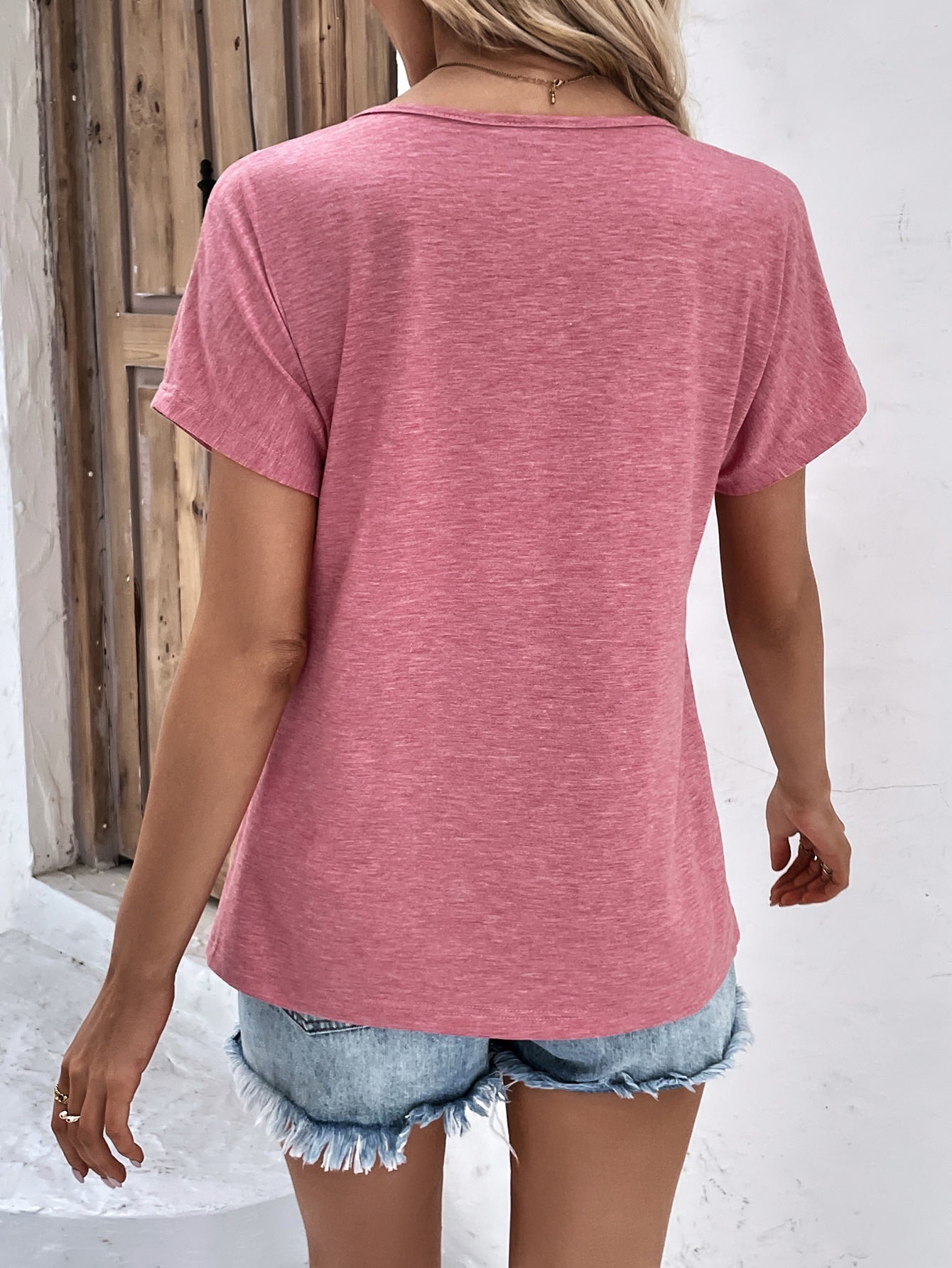 Button Detail V Neck Tee (Buy 3 Free Shipping)