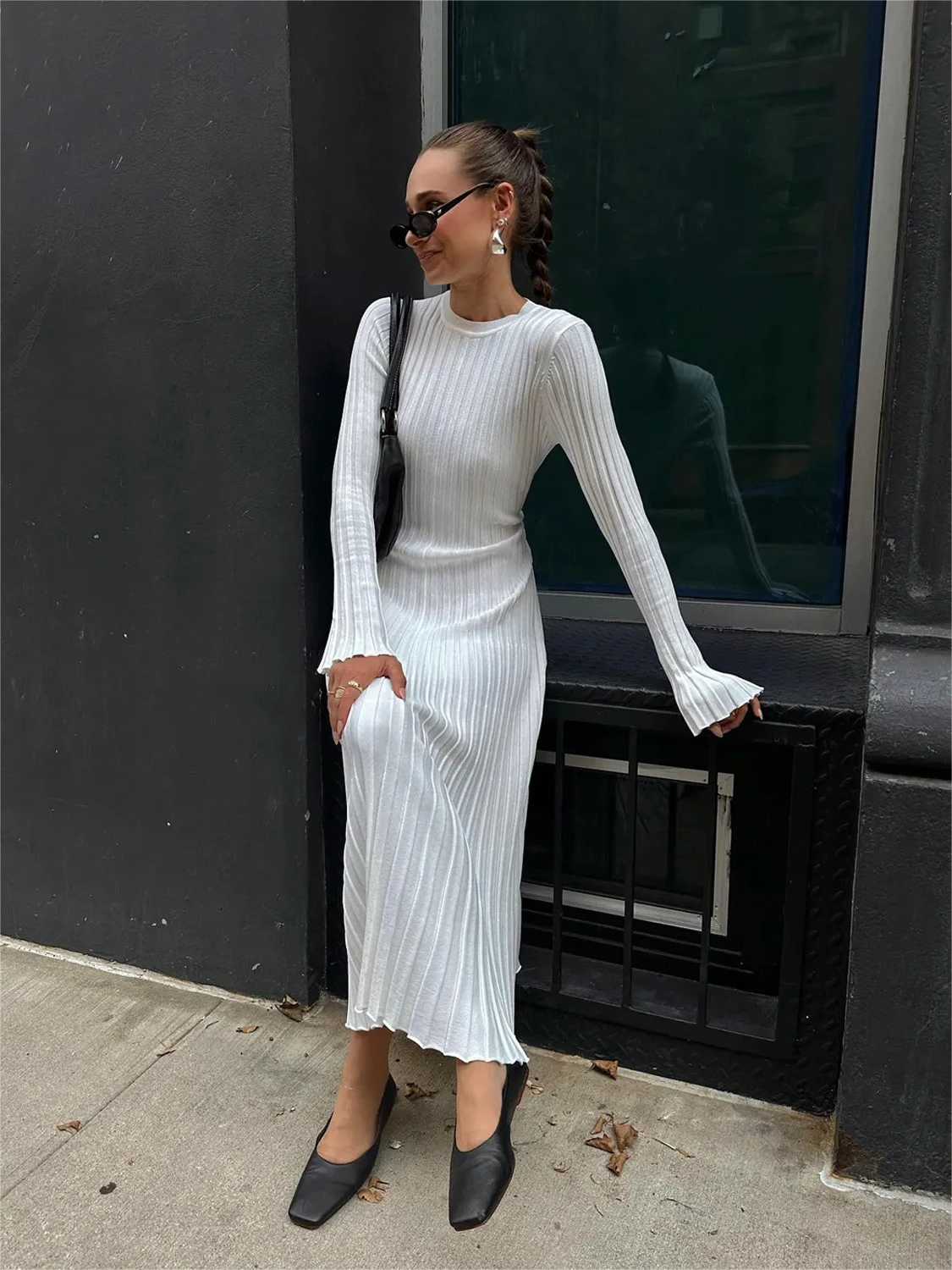 2024 Fall New Sleeved Knit Midi Dress