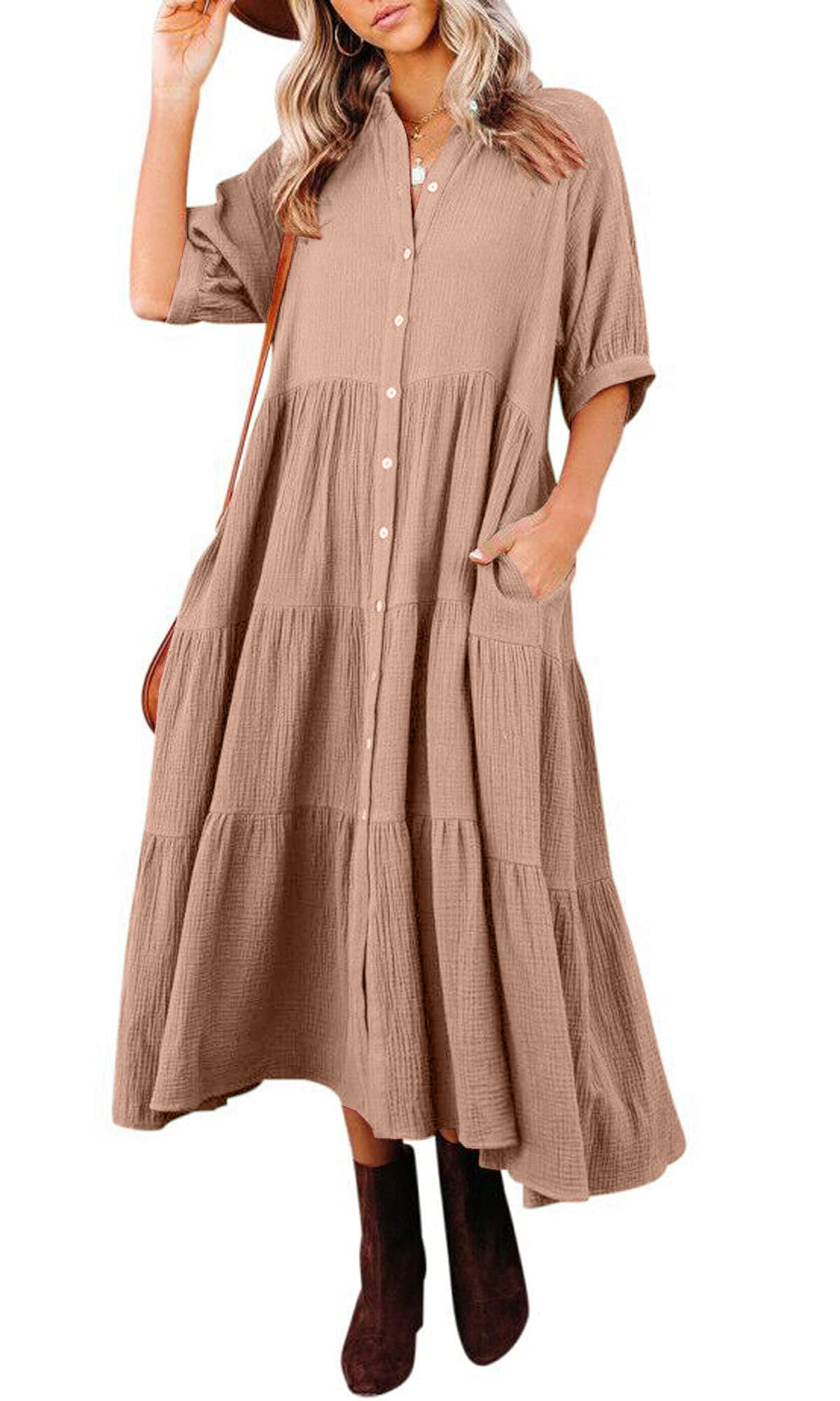 Vestido midi holgado con volantes en capas y botones para mujer con bolsillos (compre 2 y envío gratis)