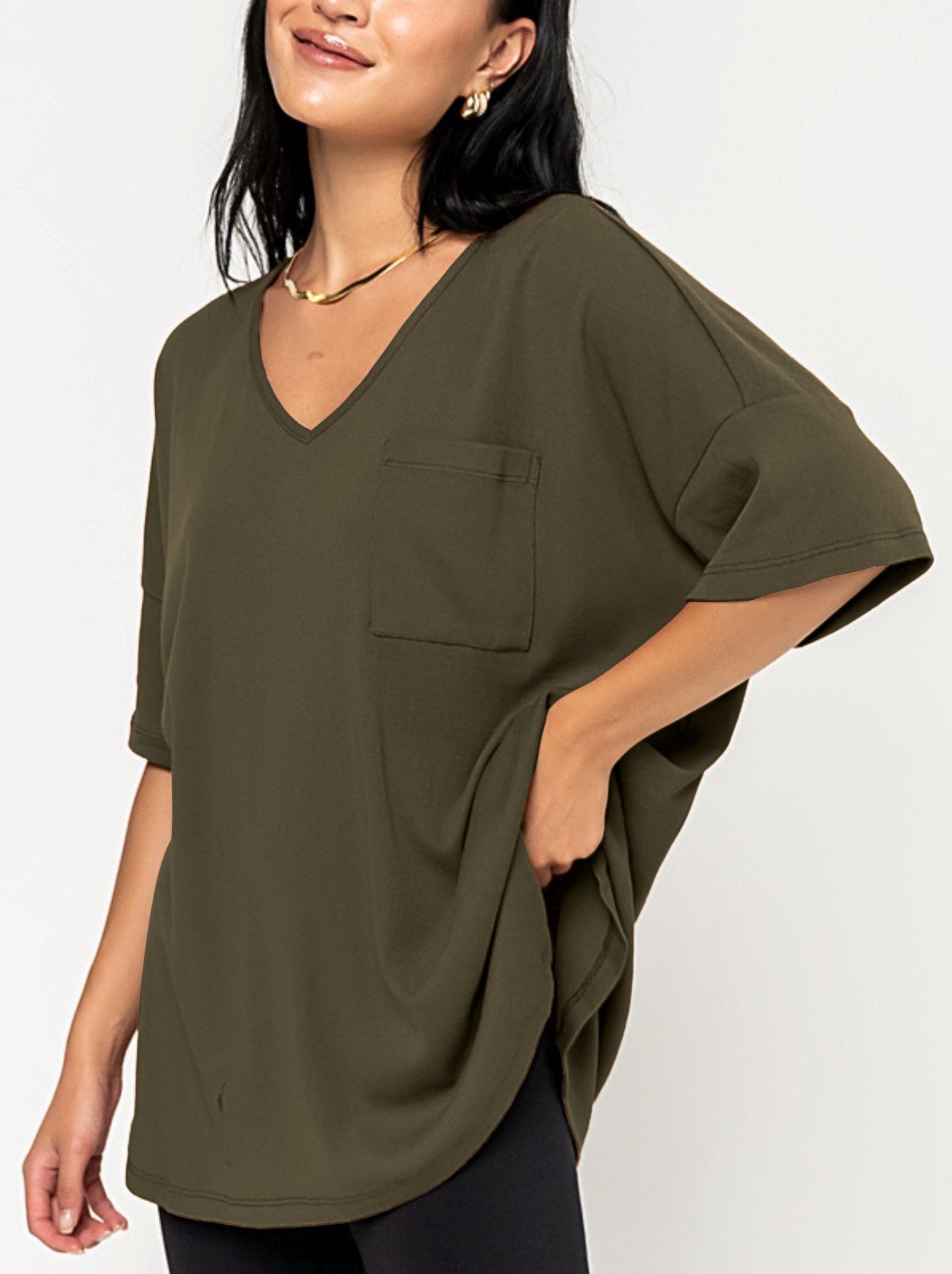 Camiseta de mujer con cuello en V y bolsillo de gran tamaño (compre 3 unidades y envío gratis)