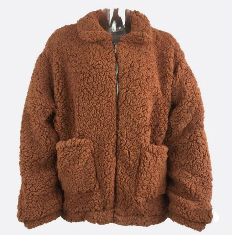 Warme Strickjacke Winter Lose Sherpa Fleece Revers Reißverschluss Jacke