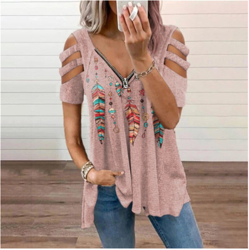 V Neck Zipper Print Short Sleeve Loose T-Shirts