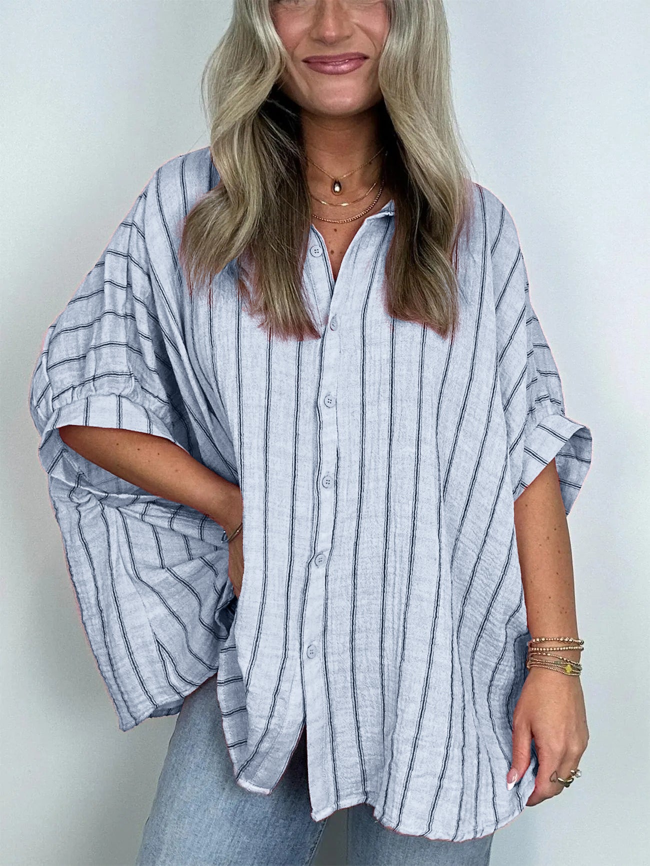 2024 Popular Oversized Striped Button Down Top Shirt Jacket(50% OFF🔥)