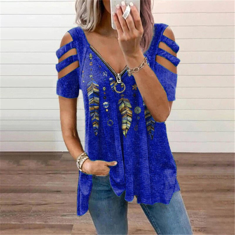 V Neck Zipper Print Short Sleeve Loose T-Shirts