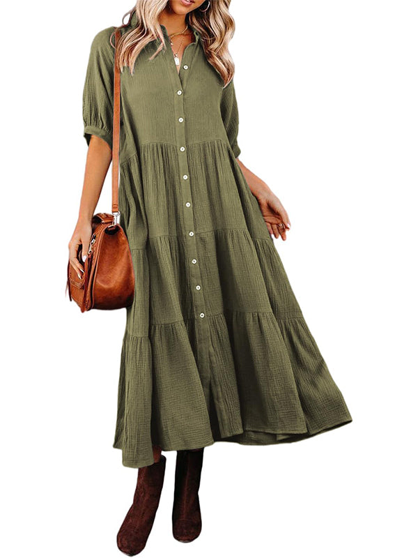 Women's Button Down Tiered Ruffle Flowy Midi Dress with Pockets (Buy 2 Free Shipping)