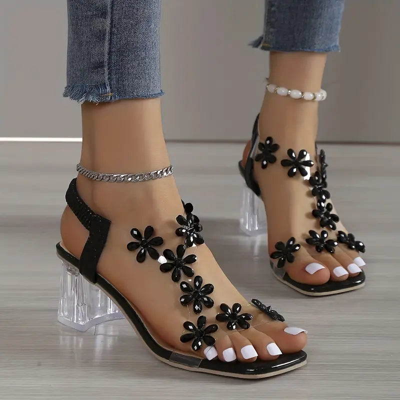 🔥Letzte Tagesaktion: 50 % RABATT - Damensandalen mit Blockabsatz und Blumen-Strass 