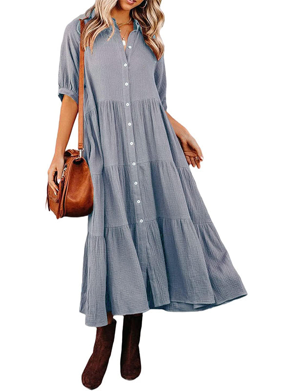 Women's Button Down Tiered Ruffle Flowy Midi Dress with Pockets (Buy 2 Free Shipping)