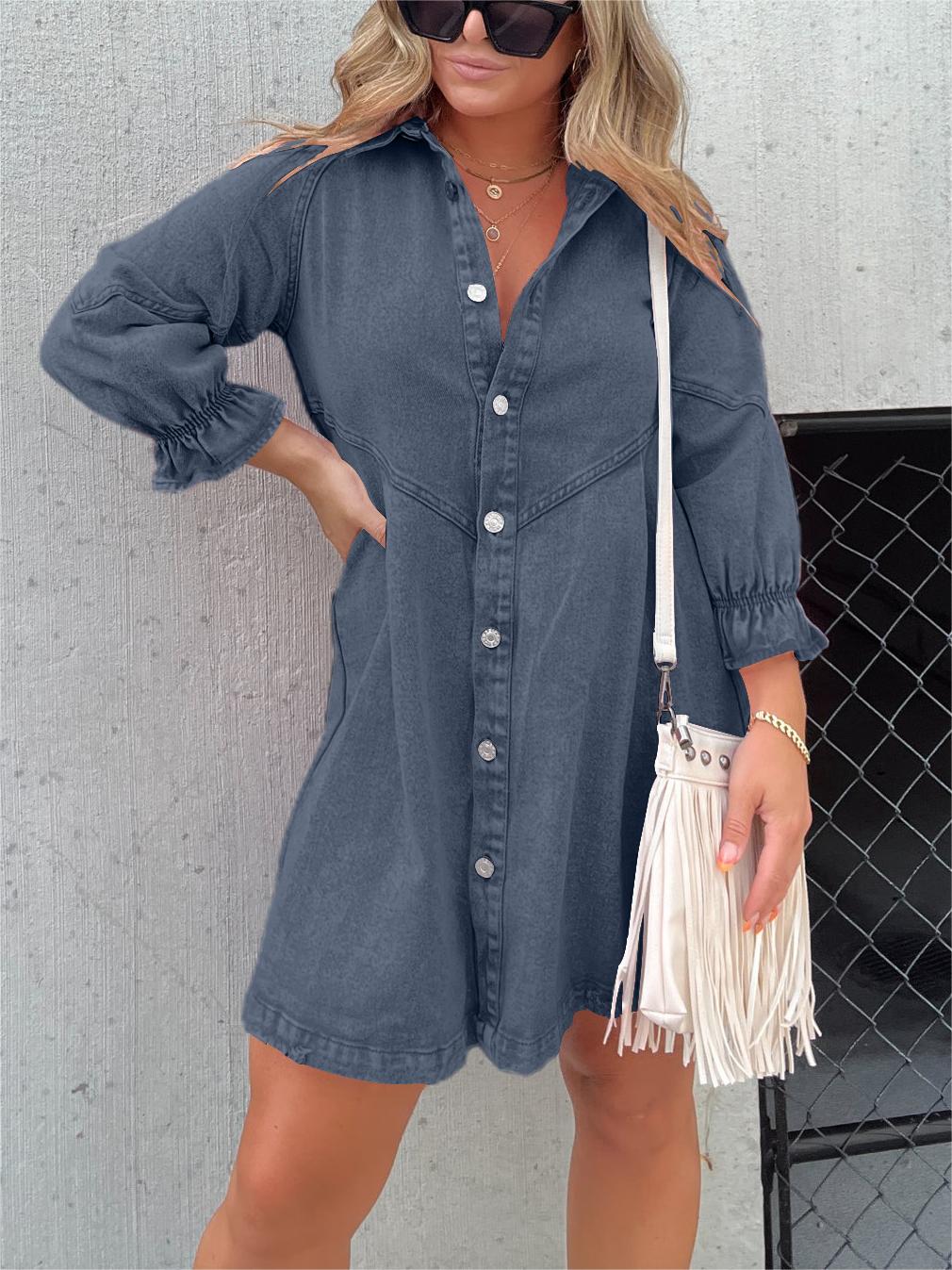 2024 New Washed Denim Puff Sleeve Dress (Buy 2 Free Shipping)