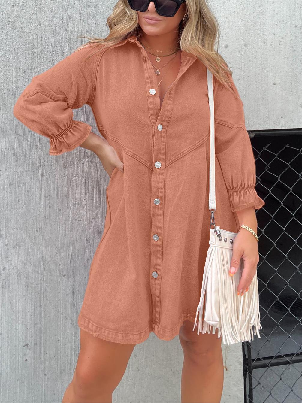 Vestido vaquero con botones y mangas abullonadas (compre 2 y envío gratis)