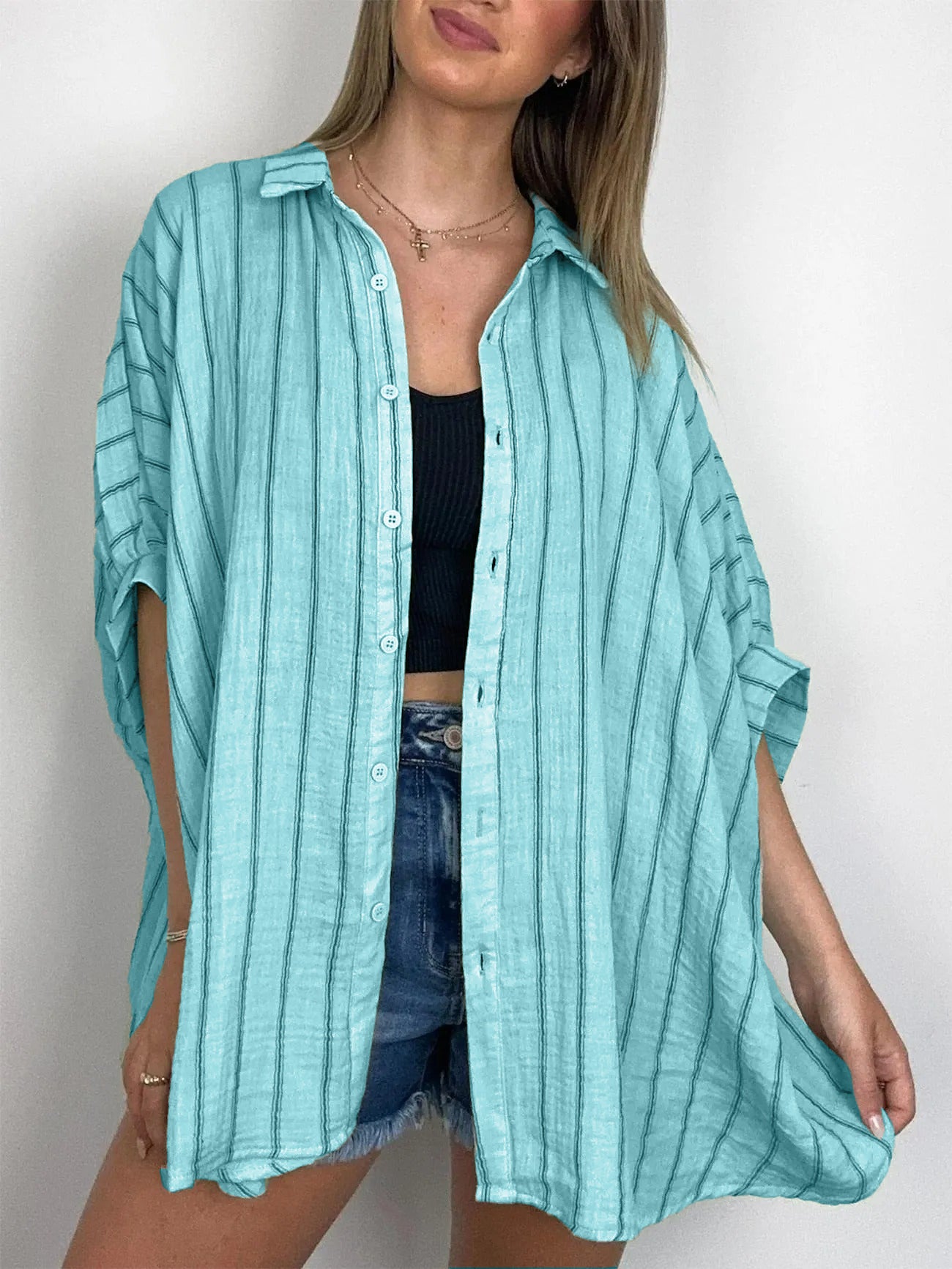 2024 Popular Oversized Striped Button Down Top Shirt Jacket(50% OFF🔥)