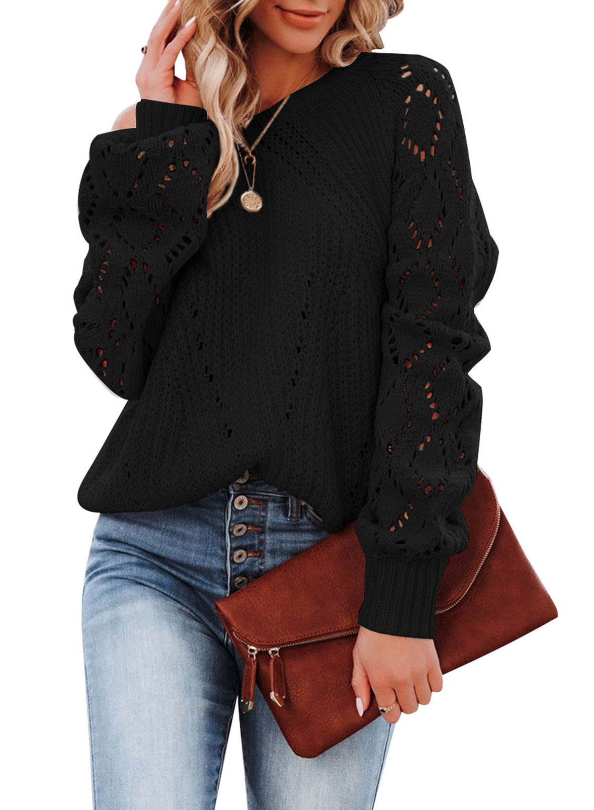 Women's Cutout Pattern Crew Neck Sweater