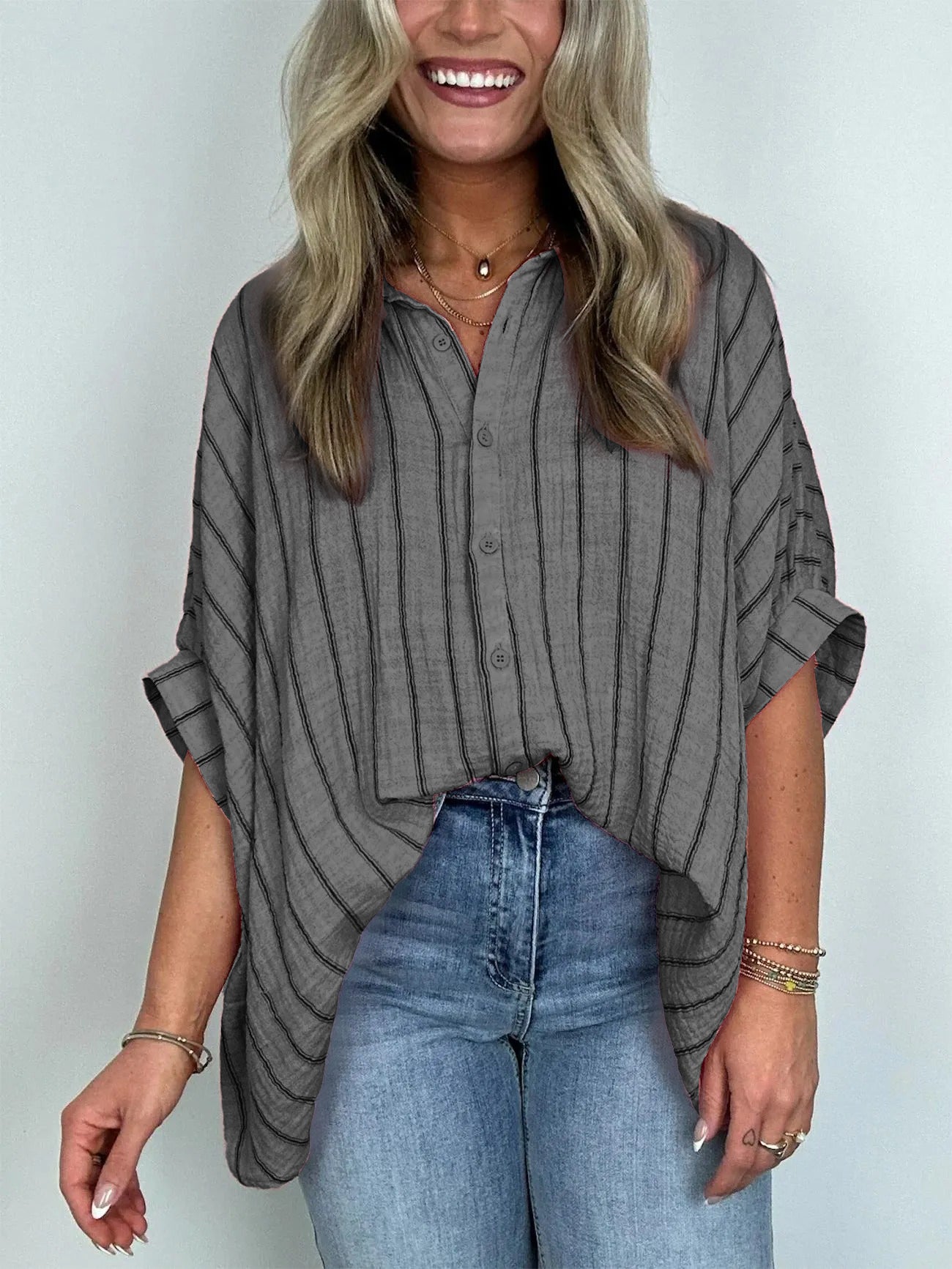 2024 Popular Oversized Striped Button Down Top Shirt Jacket(50% OFF🔥)