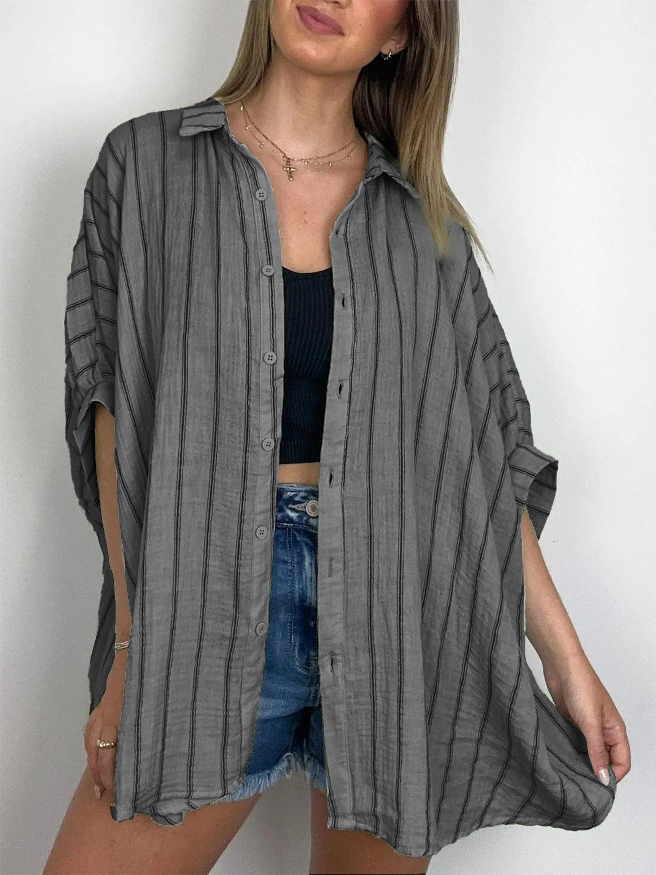 2024 Popular Oversized Striped Button Down Top Shirt Jacket(50% OFF🔥)