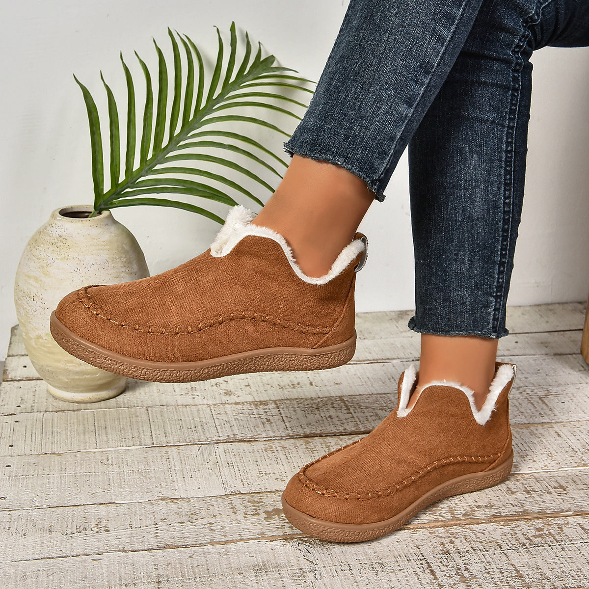 Warm Fur Lined Slip-On Ankle Boots with Anti-slip Thick Sole