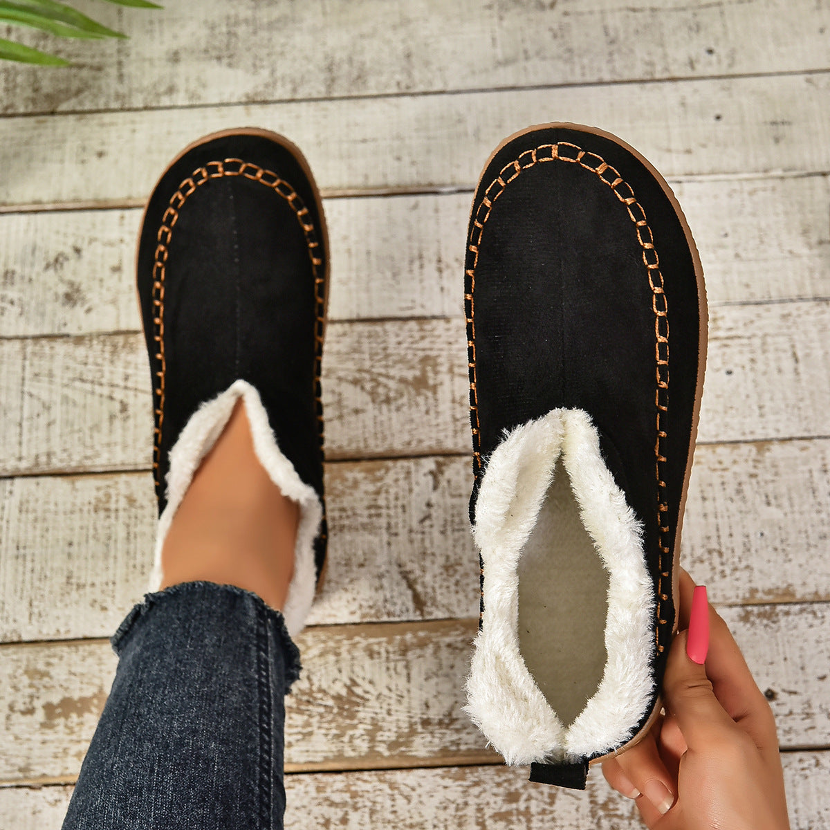 Warm Fur Lined Slip-On Ankle Boots with Anti-slip Thick Sole