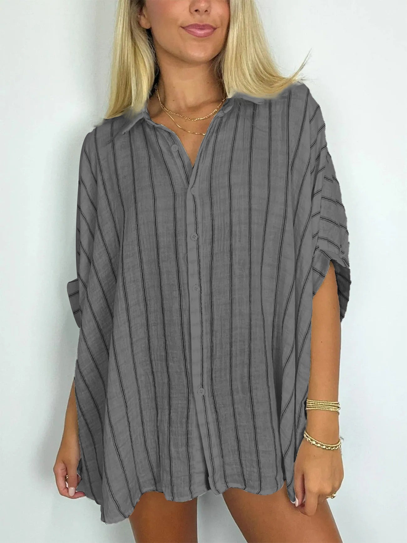 2024 Popular Oversized Striped Button Down Top Shirt Jacket(50% OFF🔥)