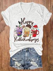 🔥Buy 3 Get 10% Off🔥Women's Happy Hallothanksmas Print T-Shirt