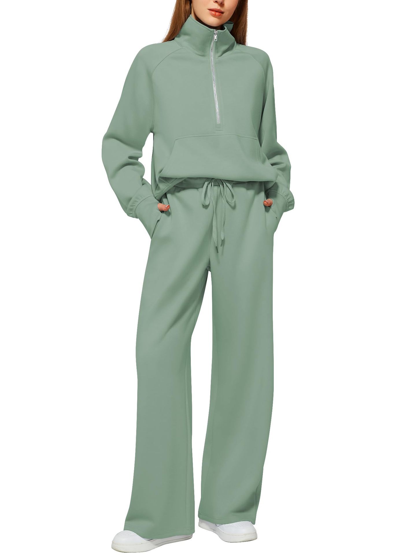 Women's Cotton Two-Piece Oversized Half-Zip Sweatshirt Wide Leg Sweatpants Casual Suit