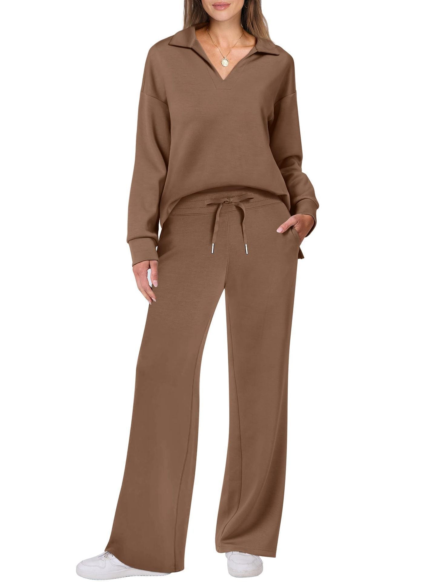 Women's Cotton Two-Piece Oversized Half-Zip Sweatshirt Wide Leg Sweatpants Casual Suit