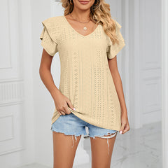 Solid Color Double-sleeved V-neck Loose T-shirt (Buy 3 Free Shipping)