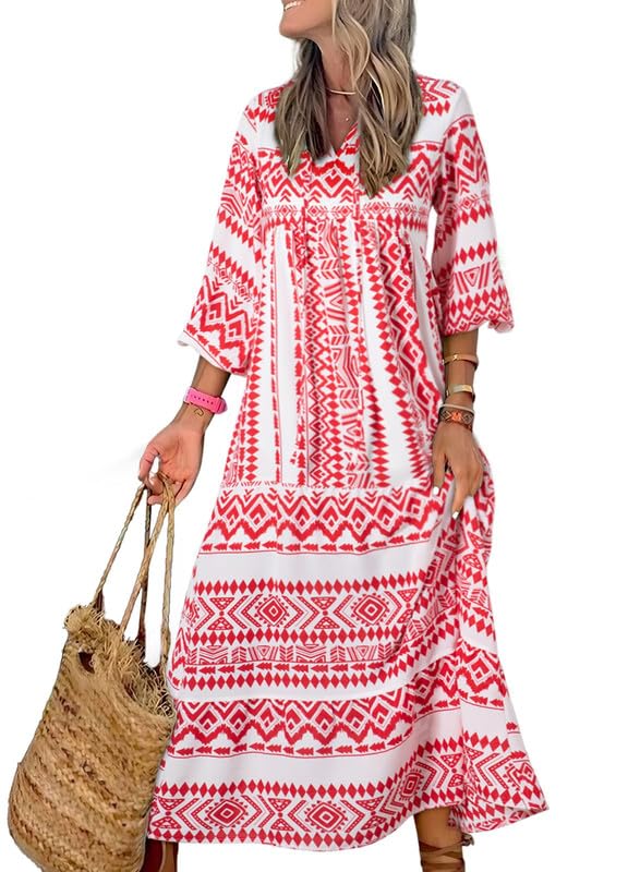 Vestido largo bohemio con estampado floral y mangas abullonadas para mujer (compre 2 y envío gratis)