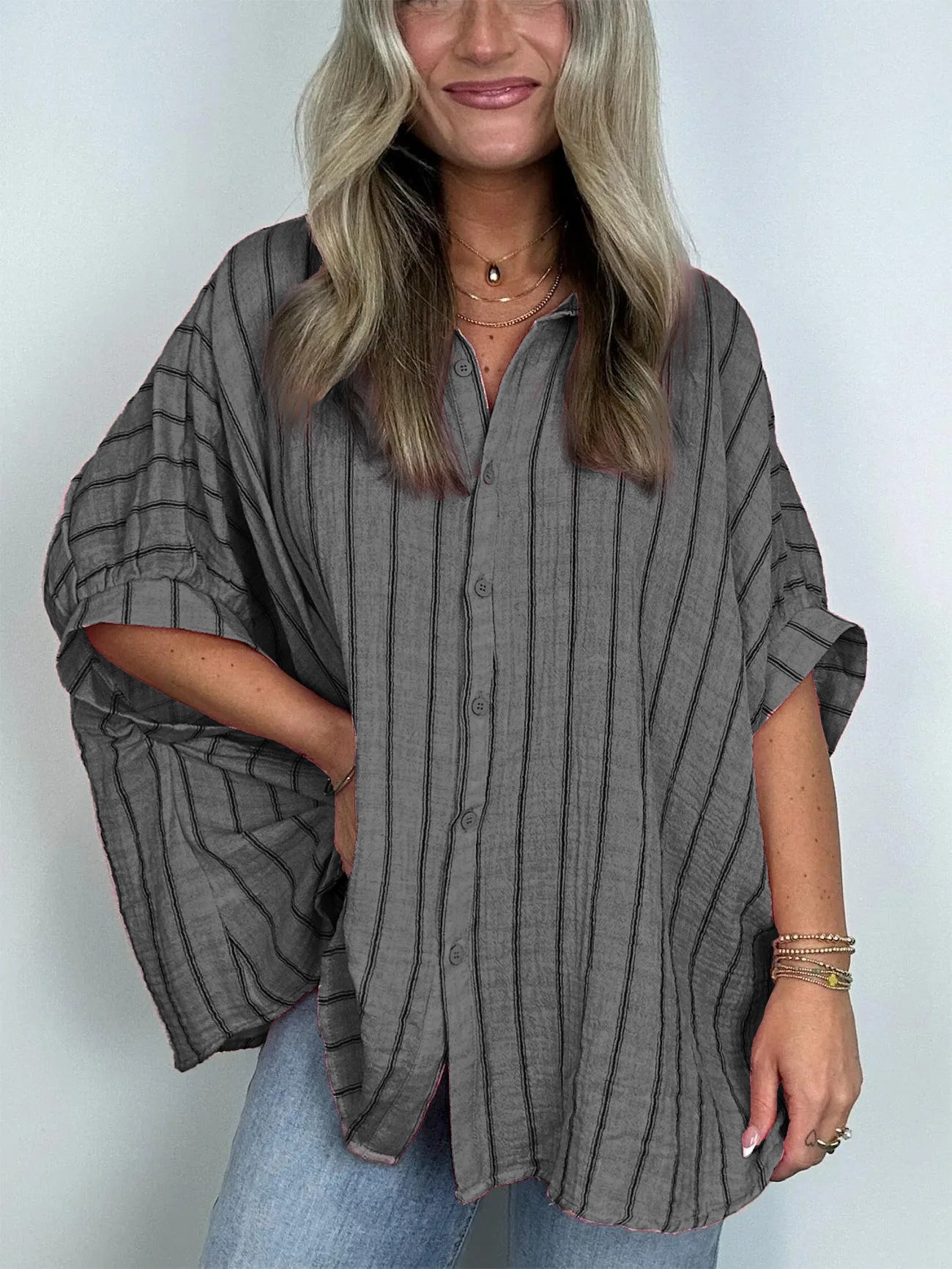 2024 Popular Oversized Striped Button Down Top Shirt Jacket(50% OFF🔥)