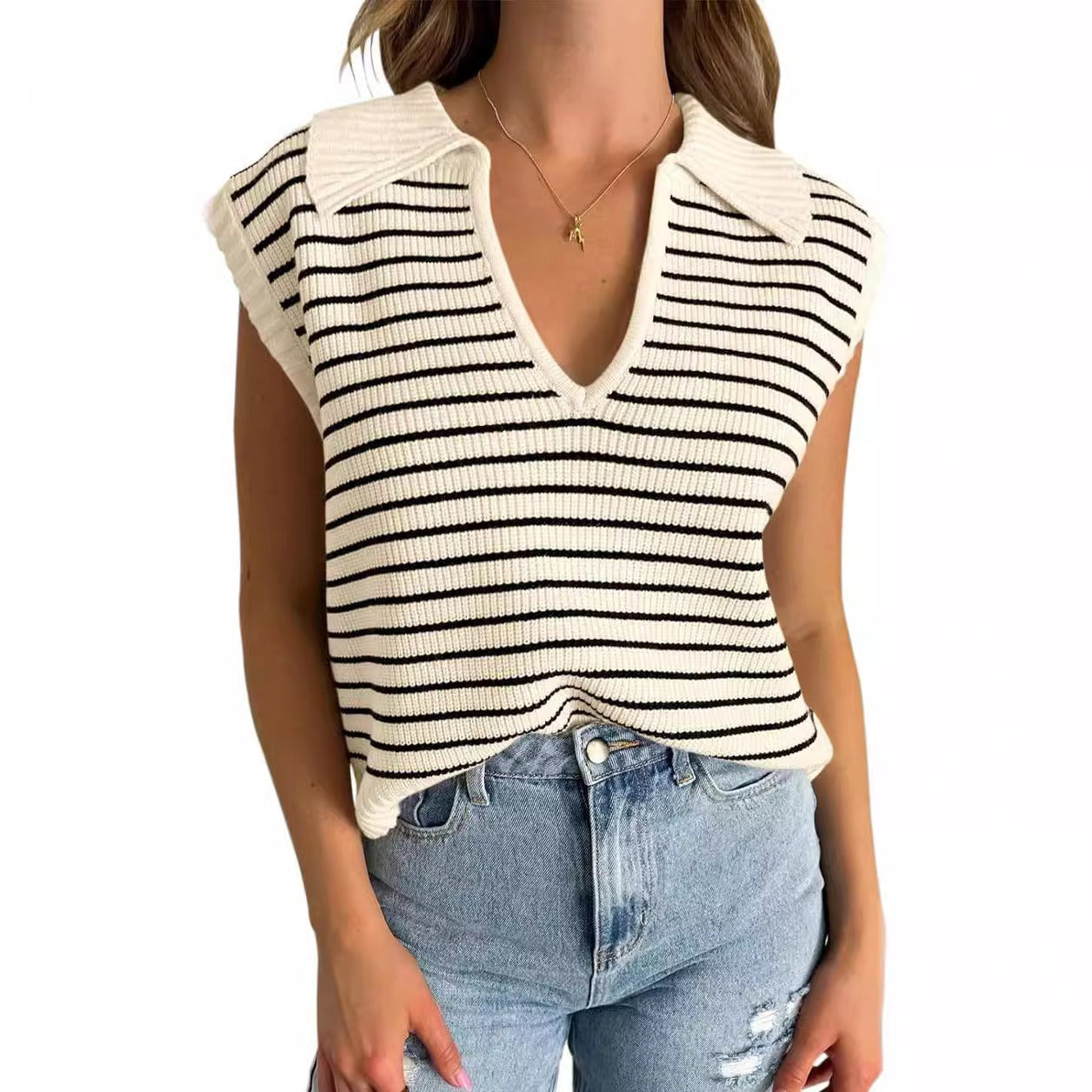 Blusa de rayas sin mangas con escote en V para mujer (compre 2 y envío gratis)