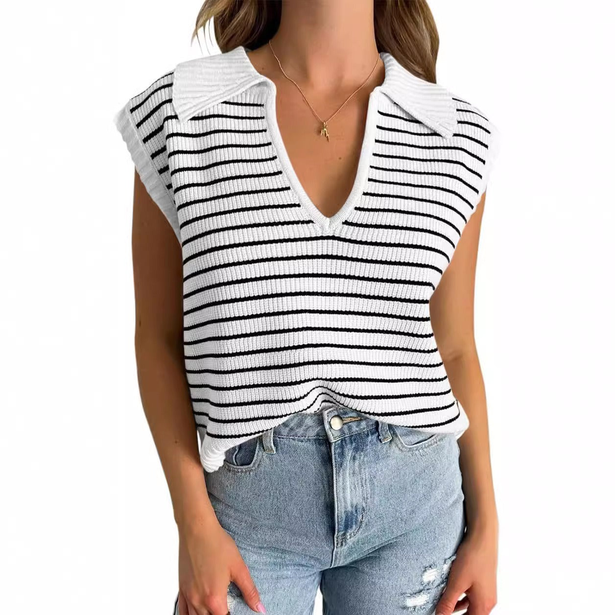 Blusa de rayas sin mangas con escote en V para mujer (compre 2 y envío gratis)