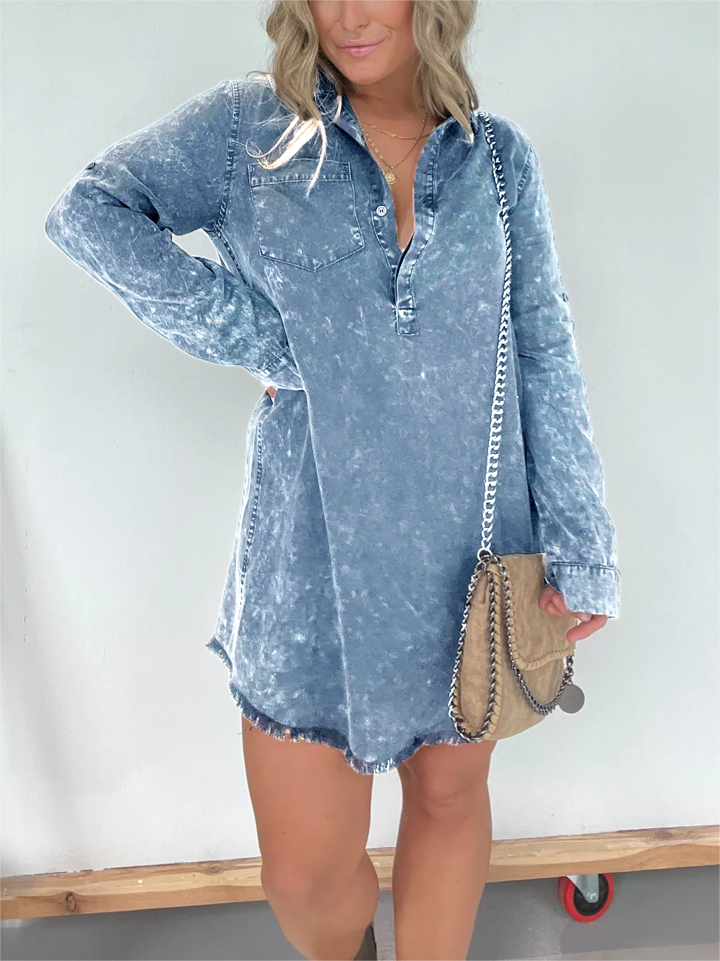 Long Sleeve Denim Washed Shirt Dress (Buy 2 Free Shipping)