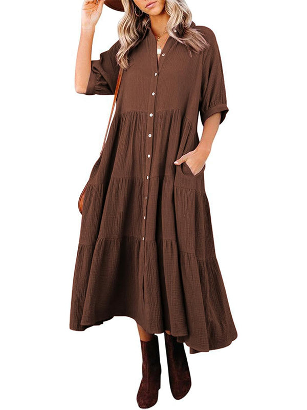 Women's Button Down Tiered Ruffle Flowy Midi Dress with Pockets (Buy 2 Free Shipping)