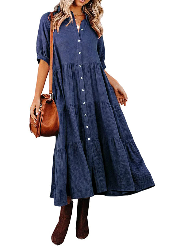 Women's Button Down Tiered Ruffle Flowy Midi Dress with Pockets (Buy 2 Free Shipping)