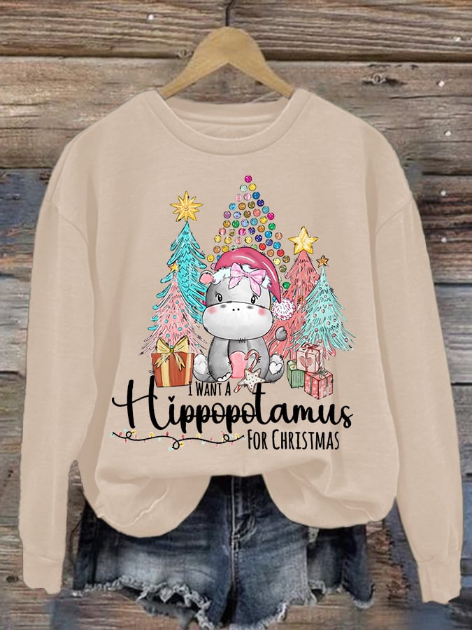 🔥Compra 3 y obtén un 10 % de descuento🔥Sudadera de manga larga y cuello redondo con estampado "Quiero un hipopótamo para Navidad" 