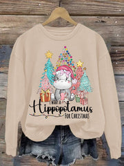 🔥Kaufen Sie 3 und erhalten Sie 10 % Rabatt🔥Langärmliges Sweatshirt mit Rundhalsausschnitt und Aufdruck „I Want A Hippopotamus For Christmas“ 