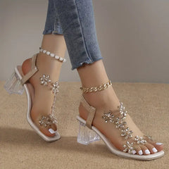 🔥Last Day Promotion 50% OFF - Women's Flower Rhinestone Block Heel Sandals