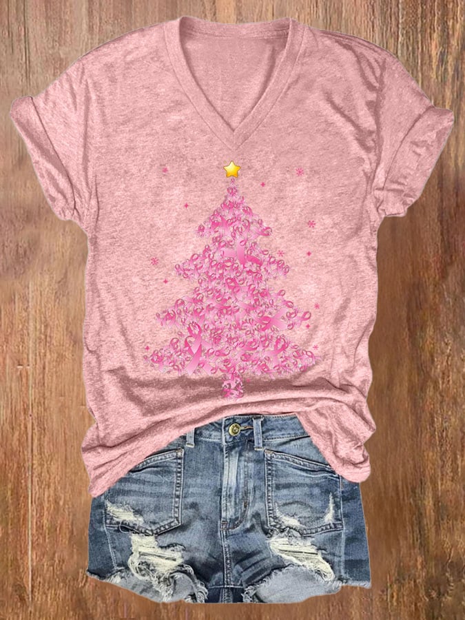 🔥Buy 3 Get 10% Off🔥V-neck Retro Breast Cancer Awareness Pink Christmas Tree Ribbons Print T-Shirt