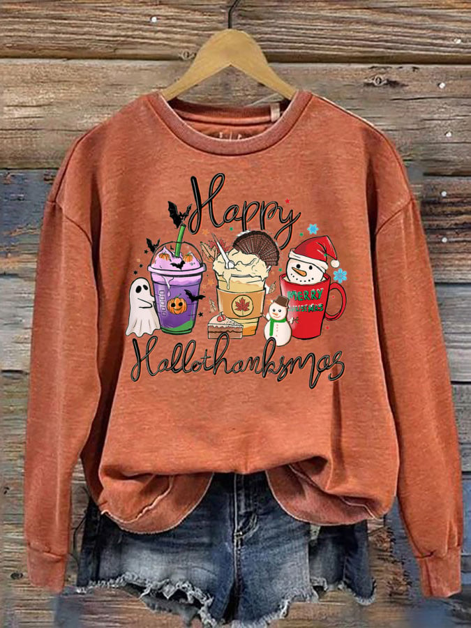 🔥Kaufen Sie 3 und erhalten Sie 10 % Rabatt🔥Langärmliges Sweatshirt mit „Happy Hallothanksmas“-Aufdruck für Damen 